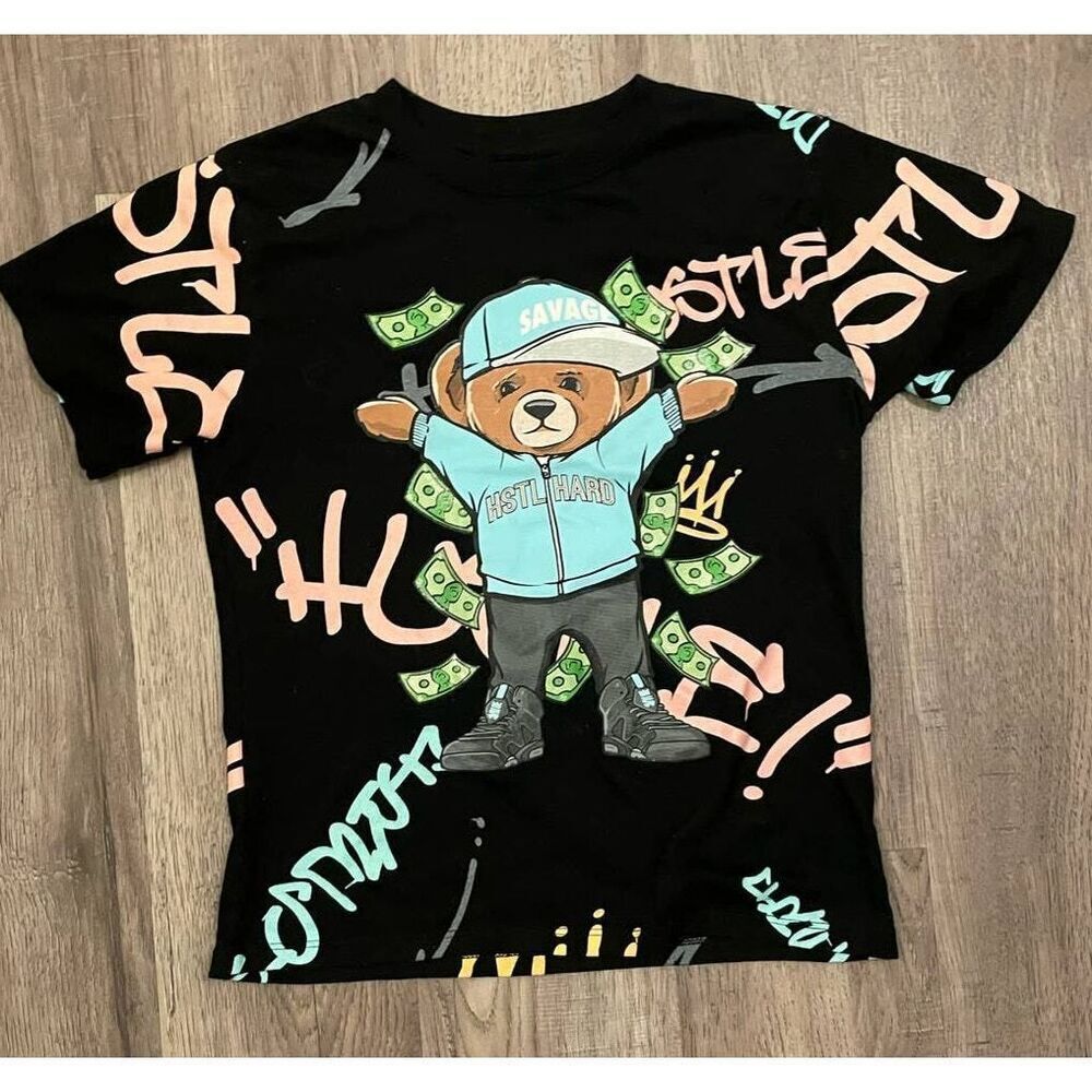 Launder Bailey Hustle Boys 7 Bailey Bear Graphic T Shirt Black Blue Short Sleeve